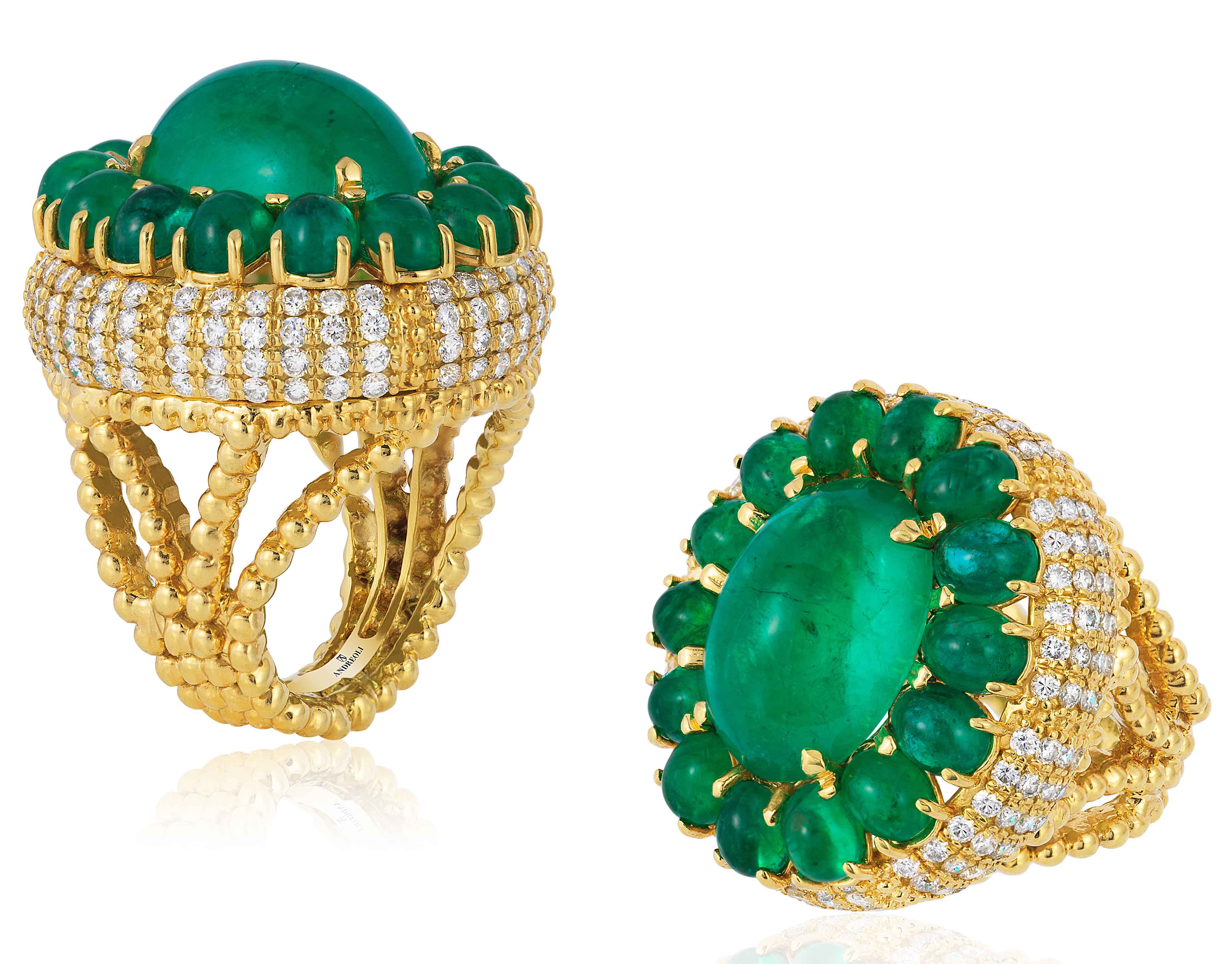 Yellow Gold Ring with Colombian Emerald Cabochons