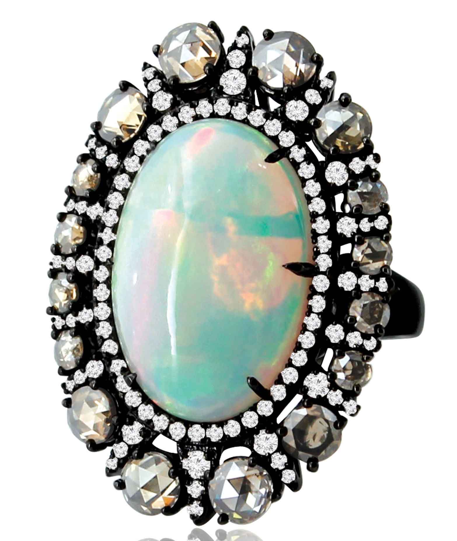 Black Gold Ring with Opal and Diamonds