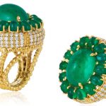 Yellow Gold Ring with Colombian Emerald Cabochons
