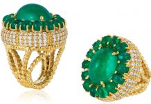 Yellow Gold Ring with Colombian Emerald Cabochons