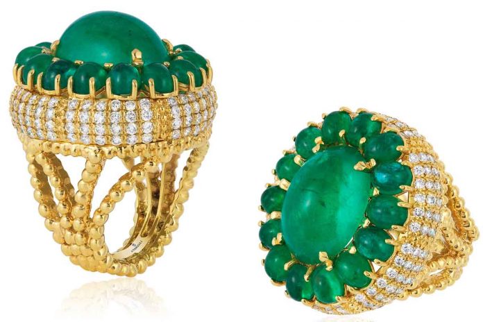 Yellow Gold Ring with Colombian Emerald Cabochons