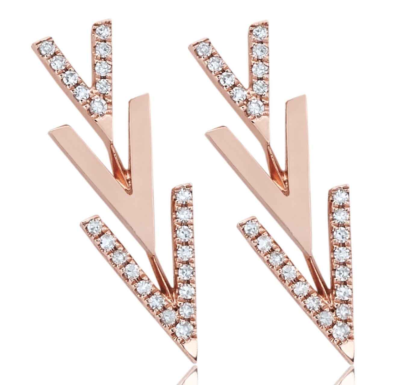 Flying V stud earrings in 14k rose gold with diamonds