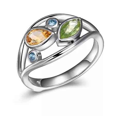 Ring in sterling silver with 1 ct. t.w. blue topaz, peridot, and citrine