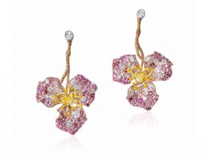 Rose earrings in 18-karat rose and yellow gold, and lacquer adorned with heart-shaped fancy vivid yellow diamonds, diamonds, pink sapphires and rhodolites
