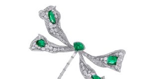 Dragonfly brooch in 18-karat white gold embellished with emeralds and diamonds