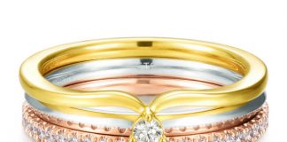 Tri colourgold ring with diamonds by Hong Kong jeweller Chow Tai Fook