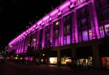 Elizabeth Hurley Lights Selfridges Pink for Breast Cancer Awareness Left