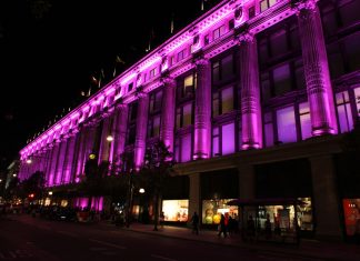 Elizabeth Hurley Lights Selfridges Pink for Breast Cancer Awareness Left