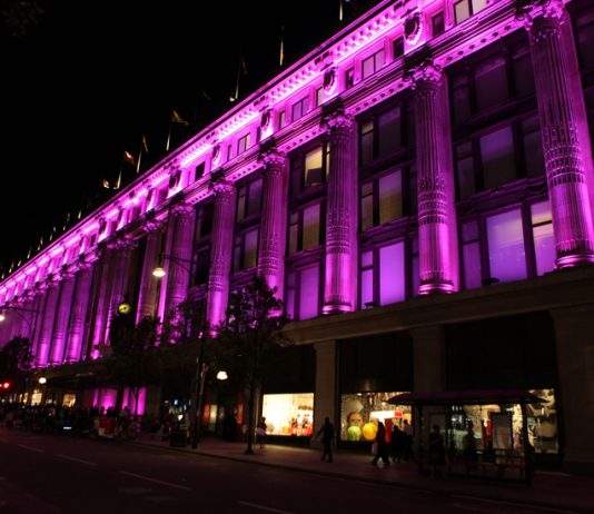 Elizabeth Hurley Lights Selfridges Pink for Breast Cancer Awareness Left