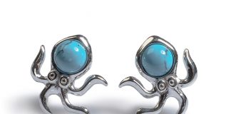 Henryka-Octopus-stud-earrings-with-turquoise-gems-World-Oceans-Day-2018