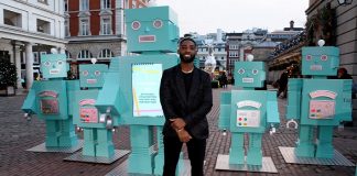 Tinie Tempah Unveils An Installation Of Tiffany Blue Robots & A Boom Box Playing Seasonal Tracks In The Heart Of Covent Garden
