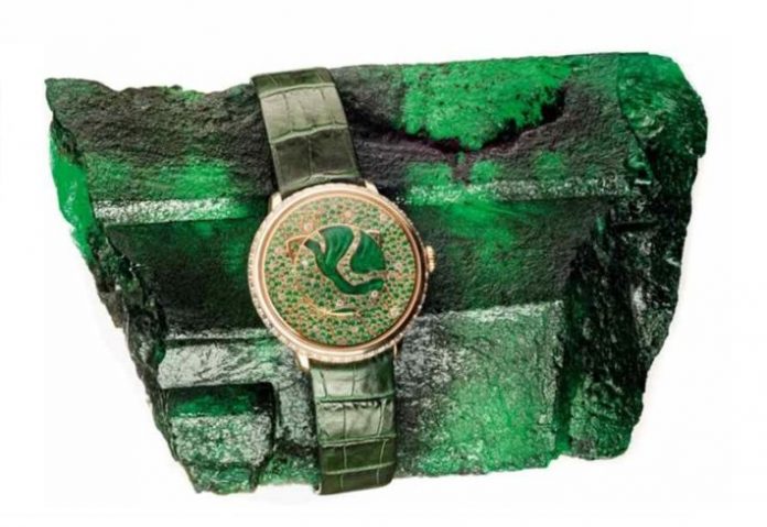 Kagem is the world’s largest emerald mine and source of ‘Inkalamu’ – the ‘Lion Emerald’ – a 5,655 carat Zambian emerald, picture with Fabergé’s Lady Libertine II timepiece