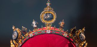 This diadem is one of seven pieces in a parure, a set of jewels designed to be worn together, created in 1856 to celebrate the coronation of Tsar Alexander II. The parure is on display now through Sept. 13 at Sotheby’s New York.