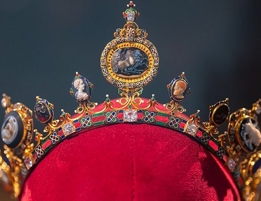 This diadem is one of seven pieces in a parure, a set of jewels designed to be worn together, created in 1856 to celebrate the coronation of Tsar Alexander II. The parure is on display now through Sept. 13 at Sotheby’s New York.