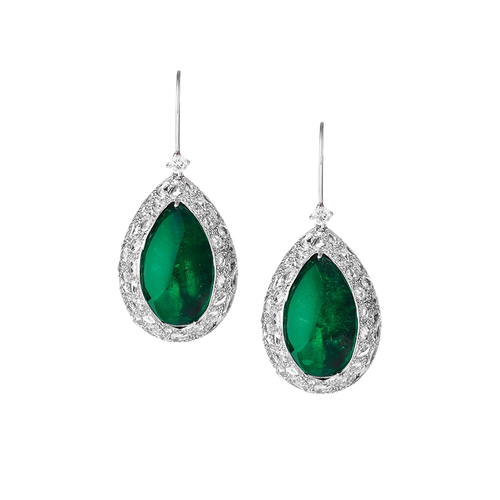 Cabochon Emerald and Diamond Earrings