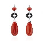 Coral, Onyx and Diamond Drop Earrings