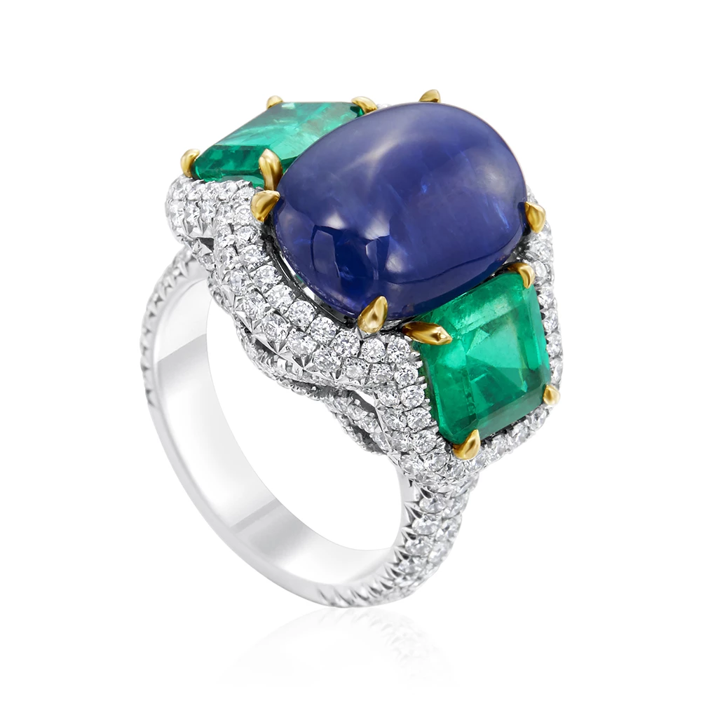 Tumbled Sapphire, Emerald and Diamond Ring