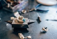 Different jewelery on the table from the jeweler from a close angle