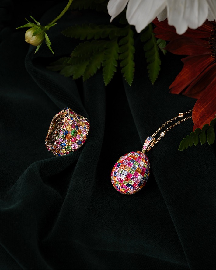 Fabergé Imperial Yellow, Gold Mosaic Ruby, Sapphire & Diamond Egg Pendant and ring