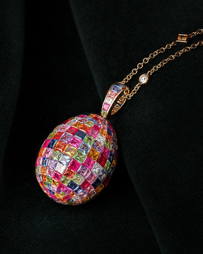 Fabergé Imperial Yellow, Gold Mosaic Ruby, Sapphire & Diamond Egg Pendant