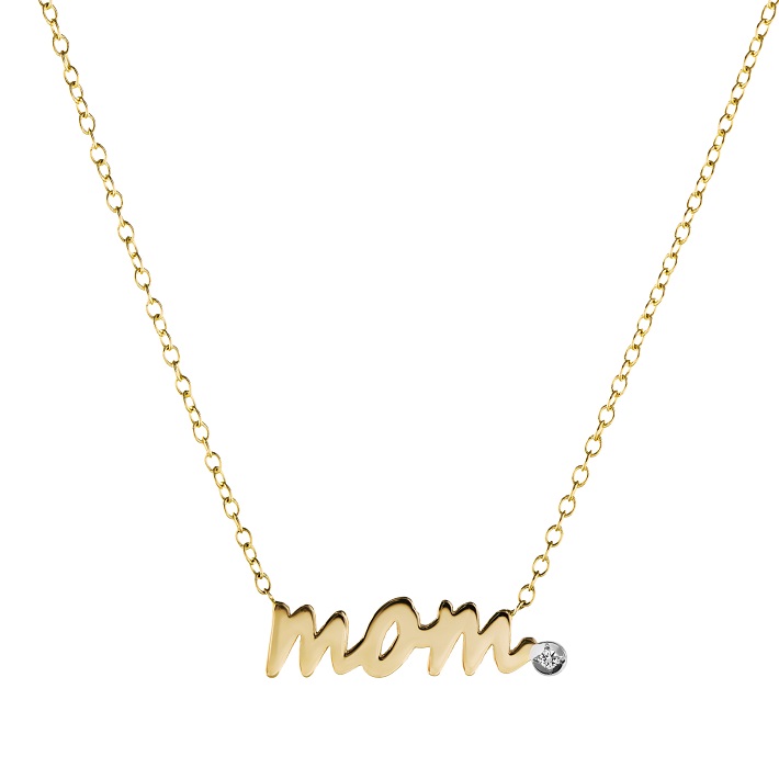 Mom Nameplate Necklace, in 14K gold with a diamond, by Bonnie Jennifer
