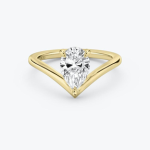 The Vintage Inspired Signature V Solitaire Ring in 18k Yellow Gold (Featuring a Pear Cut Stone and Plain Band)