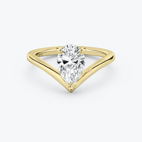 The Vintage Inspired Signature V Solitaire Ring in 18k Yellow Gold (Featuring a Pear Cut Stone and Plain Band)