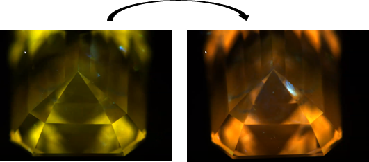 Fig.4. Greenish yellow fluorescence (left), on rotation of 180 degrees strong orange color observed. 