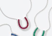 Lucky Horseshoe Necklaces by Karina Brez. 18K White Gold and Diamonds, with either Sapphires, Rubies or Emeralds