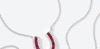 Lucky Horseshoe Necklaces by Karina Brez. 18K White Gold and Diamonds, with either Sapphires, Rubies or Emeralds