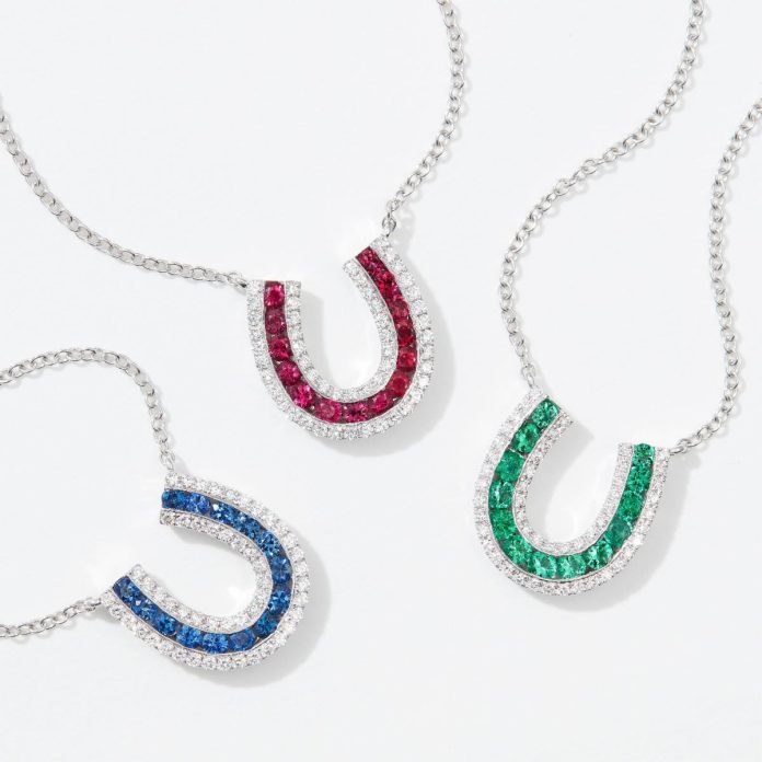 Lucky Horseshoe Necklaces by Karina Brez. 18K White Gold and Diamonds, with either Sapphires, Rubies or Emeralds