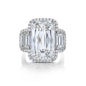 Platinum Three-Stone Ashoka Cut Diamond Ring with Oval Brilliant Diamond 